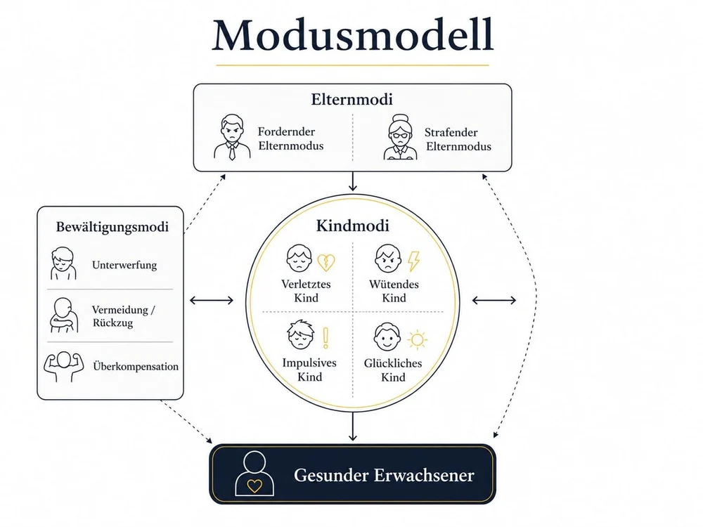 Modusmodell der Schematherapie: Eltern-, Kind- und Bewältigungsmodi und der gesunde Erwachsene